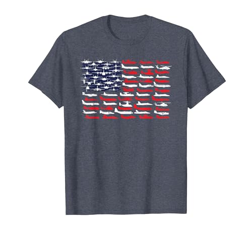 Military Aviation American Flag Aircraft Distressed Design T-Shirt, Men, Heather Blue, Large