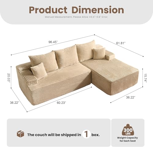 Image of HOOOWOOO Plush L Shaped Sectional Couch,97 inch Assembly Free Modern Minimalist Sofa,Boneless Corner Couch in A Box for Apartment Renting House Office(Right Chaise Beige)
