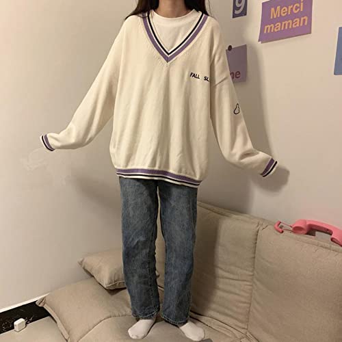 Image of Korean Women's Sweater Academy Style V-Neck Letter Pullover Women's Casual Loose Sweater