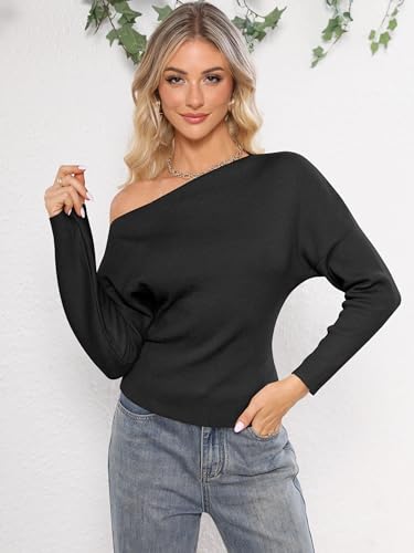 Womens Off Shoulder Sweaters 2025 Fall Long Batwing Sleeve Loose Fit Knit Tops Casual Pullovers Jumpers2