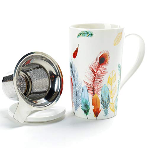 TEANAGOO Porcelain Tea Cup with Filter and Lid 18 OZ Feather M58-8 Dom Dad Women Travel Teaware with Infuser Steeper Maker tea mug with infuser and lid and handle diffuser brewing brewer