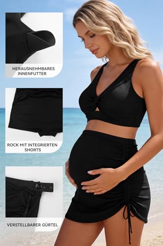 SHEKINI Damen Umstandsbadeanzug Zweiteiliges Set mit gerafftem Oberteil und Badeshorts(Large, Schwarz)