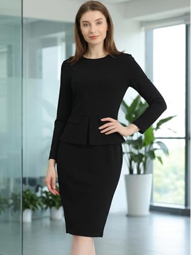 Image of Allegra K Women's Bodycon Dresses Round Neck Long Sleeve Casual Work Outfits Peplum Sheath Dress