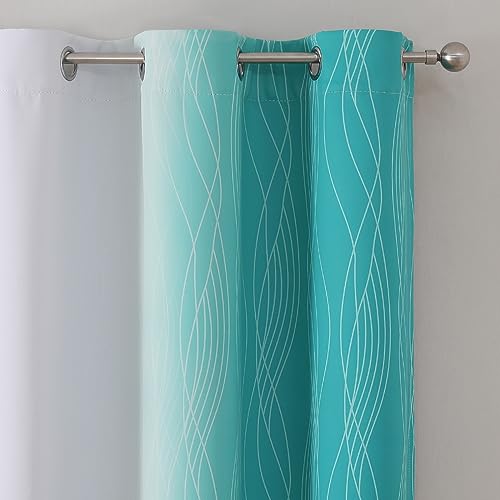 Estelar Textiler Teal and Greyish White Blackout Curtains 45 Inch Length, Light Blocking Gradient Drapes for Kitchen, Thermal Insulated Grommet Ombre Curtains for Bathroom,42Wx45L,2 Panels