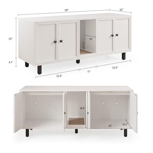 Image of ONBRILL 59 Inches Cat Litter Box Enclosure for 2 Cats, Hidden Litter Boxes Furniture with Cat Scratch Pad, Large Indoor Pet House with Double Room, Wooden TV Stand Side Table, Off White