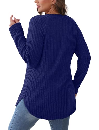Image of Saloogoe Long Sleeve Shirts for Women 2025 Fall Clothes Tunic Tops Loose Fit Dressy Crewneck Pullover Sweaters Curved Hem