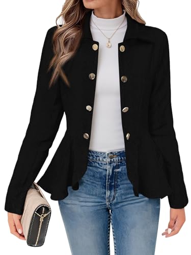 Cicy Bell Elegant Women Blazer Business Work Office Peplum Hem Jacket Open Front Herringbone Coats Black