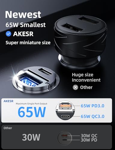 AKESR 65W USB C Car Charger Fast Charging,12V USB Outlet Accesorios para Carro,Compact Cigarette Lighter Adapter,Car Phone Charger for iPhone/17/16/15/14/13 Samsung S25 S24 S23Google Android