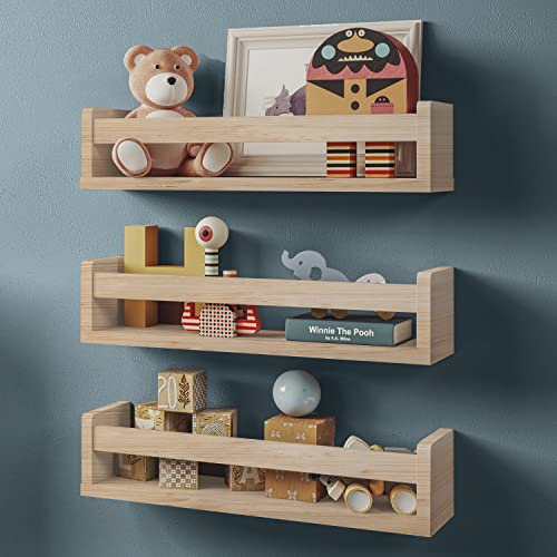 NATURE SUPPLIES Set of 3 Wooden Wall Shelves, Montessori Bookcase Storage Shelf Book for Bedroom and Children's Decoration, 41 cm, Natural Wood