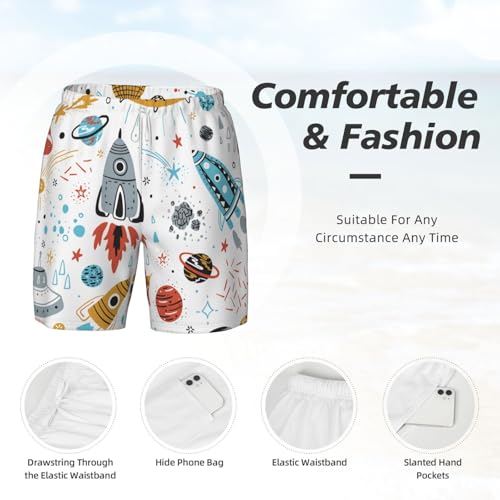 Men's Cartoon Rockets Print Quick-Dry Mesh Swim Trunks Stretch Lining Beach Shorts Surfing Summer Vacations White4