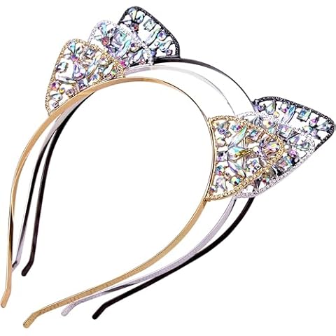 Bnikion Cat Ears Headband Rhinestone Cat Headbands Crystal Hair Hoop Women Party Headdress Cosplay Costume Headwear Halloween Makeup Handmade Headpiece Hair Band Hair Accessories 3 Pack Cover