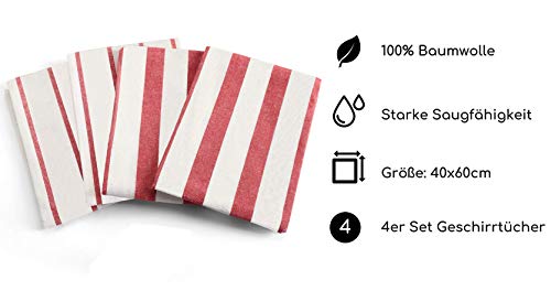 DIVORY 4er Set Geschirrtücher | 100% Baumwolle | 40x60 cm | rot weiß | gestreift | Küchentücher | Geschirrhandtücher | Trockentücher | Küche & Gastronomie Geschirrtuch (Rot/Weiß, 40 x 60 cm)