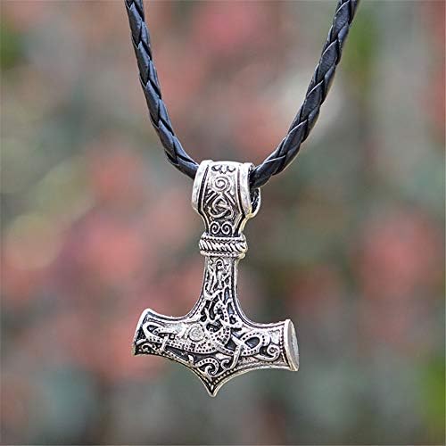 QEPOL Men Viking Leather Norse Thor's Hammer Mjolnir Celtic Knot Pendant Necklace Jewelry Scandinavian Hand Carved Skull Head Antique Silver Chain Raven Ladies Nordic Rune Talisman Saxon