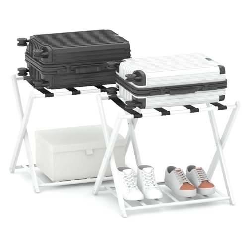 COSTWAY Lot de 2 Porte-valises Pliants, 45 x 68 x 57 cm, Porte-Bagages avec 2 Étagères, Support de Valise Pliable en Métal Robuste, pour Chambre, Hôtel,...