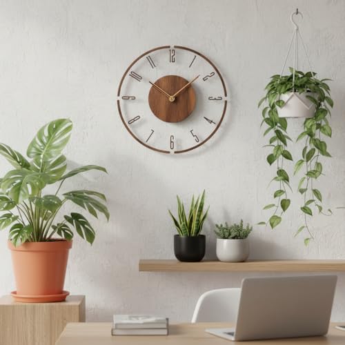 Image of Xtore Elegant Minimalist Wooden Wall Clock for Living Room, Bedroom & Office Decor | Contemporary Open-Frame Design with Natural Wood Center (30 cm Diameter)