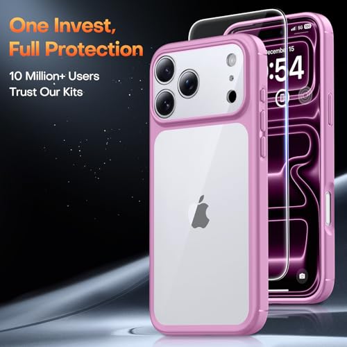 Image of TAURI for iPhone 17 Pro Case, with Screen Protector, Pink | Full Camera Protection, Anti-Yellowing Military-Grade Protection Shockproof Slim Phone Case for iPhone 17 Pro