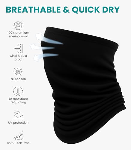 Image of Merino Wool Sun & Wind-proof Neck Gaiter 17.5um - Breathable Multi-Use Face Covering - Neck Warmer & Ski Mask for Women, Men