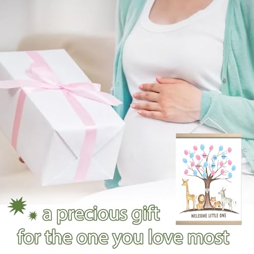 Image of QZCYU Gender Reveal Party Decorations, Gender Reveal Fingerprint Tree with Safari Animals, Baby Shower Guest Book, Canvas Thumbprint Hanging Paintings