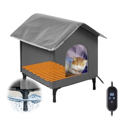Bestier Large Heated Outdoor Cat House for Winter, Weatherproof Outside Feral Cat Shelter with Timer & Adjustable Heating Pad, Insulated Elevated Cat Kitty House with Escape Door for Barn Cats