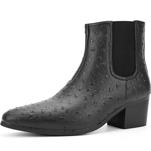 Image of Men'S Classic Leather Chunky Heel Chelsea Boots With Side Zipper Fashion Pointed Toe Elastic Band High Top Block High Heel Formal Chukka Booties For Casual Business Party Wedding