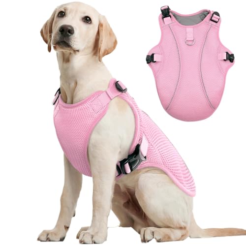 Kuoser Dog Cooling Vest for Large Dogs, Lightweight Doggie Cooler Jacket Breathable Mesh Pet Cooling Shirts Reflective Puppy Cool Harness for Beach, Hiking, Walking Pink XXL