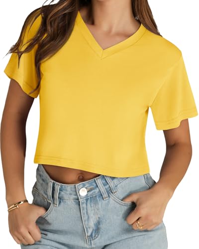 Image of Womens Crop Tops Short Sleeve V Neck Summer Cropped T Shirts Baisc Tees