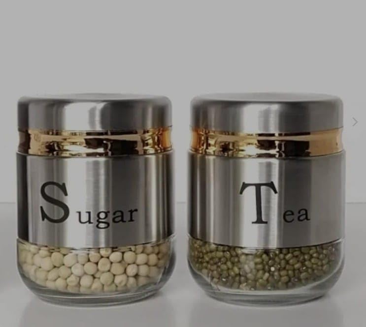 G K EXCLUSIVE™ Glass Storage Jars, 350 ml, Tea and Sugar Jars, Kitchen Jars, Set of 2 (Silver)