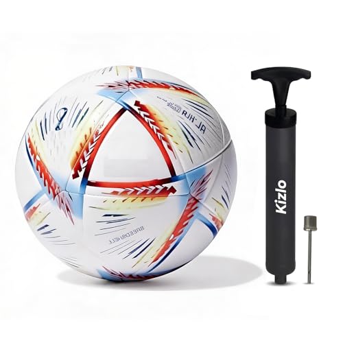 Image of Kizlo Official Size 5 Football with Pump & Pin | PVC Leather Training Soccer Ball for Ground, Turf & Street Play | High Grip & Air Retention for Kids, Youth & Adults | Multicolor (Katar)