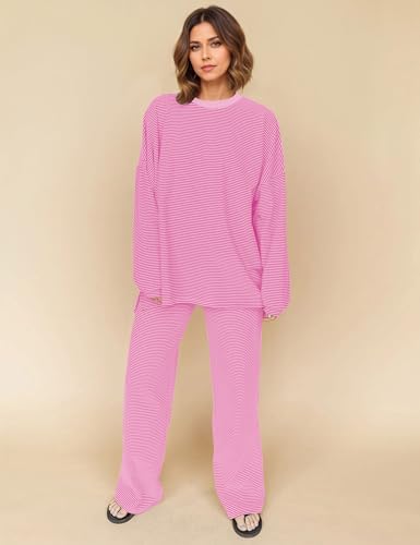 Image of MISSACTIVER Women's 2 Piece Striped Lounge Set Long Sleeve Oversized T-Shirt Wide Leg Pants Matching Pajamas Set