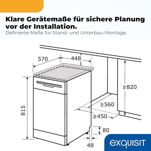 Exquisit Geschirrspüler | 9 Maßgedecke, Energieklasse E, 49 dB Geräusch | 7 Programme, Extra-Trocknung, Startzeitverzögerung, Vorspülen, Power+, Wasserschutz, Geschirrkorb | GSP59309-030E silber