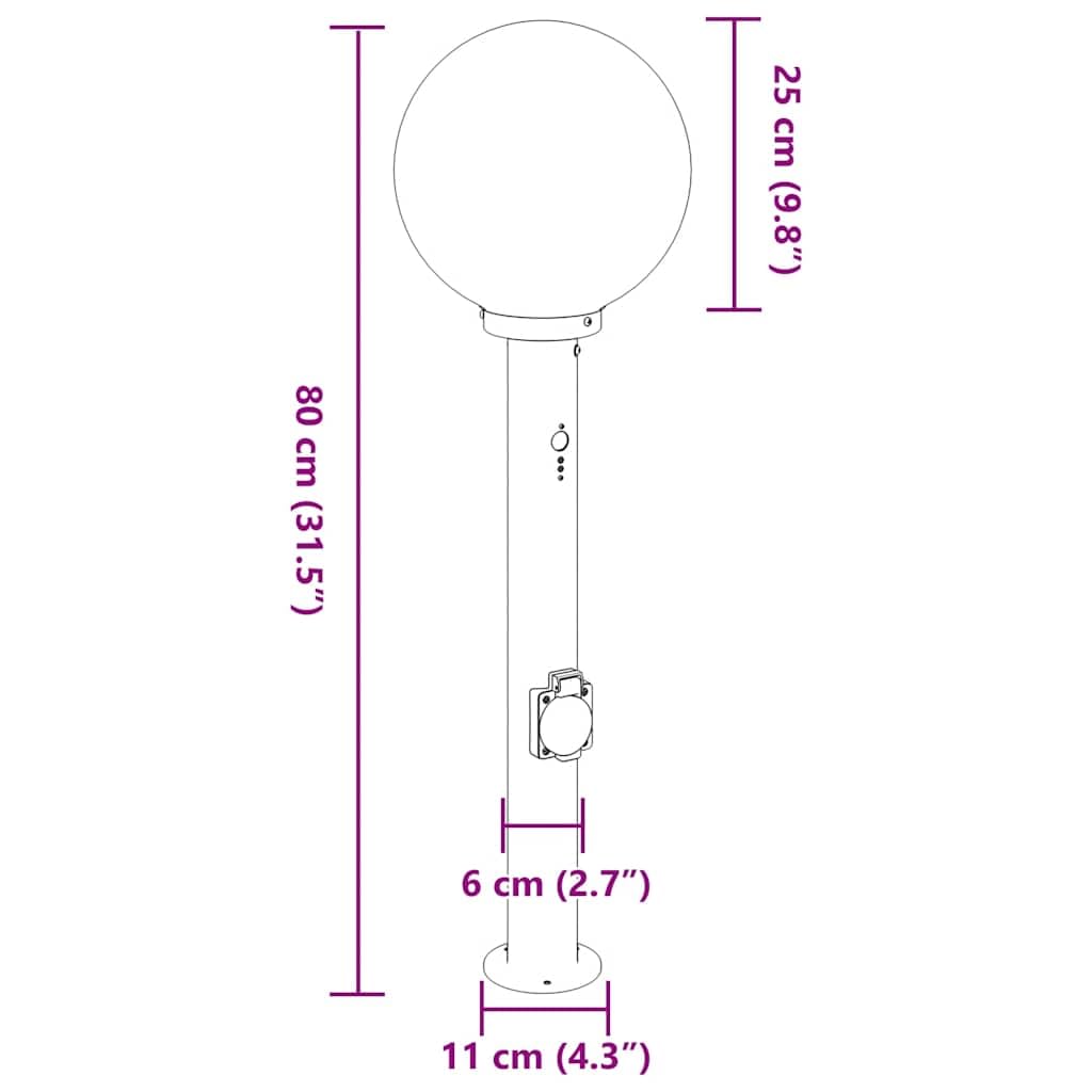 Lámpara de acero inoxidable de 80 cm con sensor y enchufe IP44, moderna iluminación exterior para jardín, terraza, entrada, lámpara de pie compatible con LED de bajo consumo con difusor y