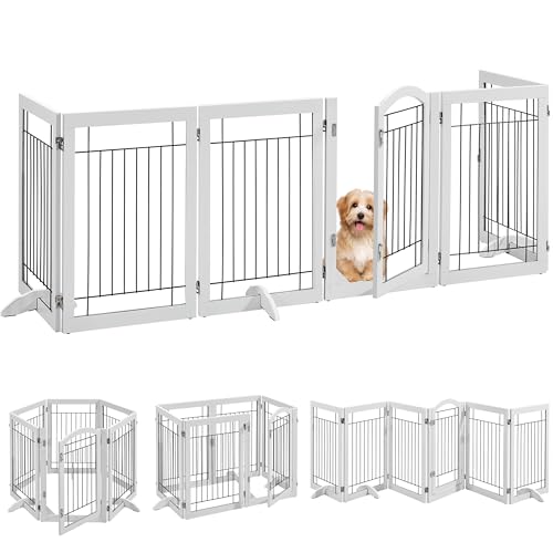 Image of Yaheetech 32-inch Tall Dog Gate with Door Extra Wide Pet Gate for Dogs, Foldable Wire & Wooden Puppy Safety Fence w /3 Support Feet,Freestanding Dog Gate for The House, Doorway, Stairs(White,6 Panels) | Sturdy Construction, Durable Support Feet, Tool-Free Setup, Fold Flat Barrier Ideal for Small /Medium Dogs, White