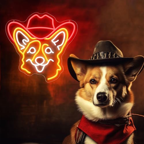 Image of Corgi Neon Signs for Wall Decor, Cute Dog Neon Sign Dimmable Cowboy Hat Neon Light Sign for Pet Shop Bedroom Party Decor, Animal LED Light Up Sign for Birthday Gifts Boys Girls
