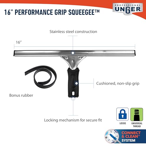 Image of Unger Connect and Clean 16 inch Performance Window and Glass Cleaning Squeegee with Replacement Rubber, Cleaning Supplies, Heavy Duty Household Cleaner Tools with Streak-Free Results (Pack of 10)