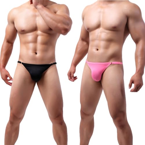 Men's G-string Sexy Low rise adjustable free size Breathable funny soft ice-silk T-Back 2-Pack