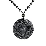 Omonic 100% Natural Black Obsidian Pendant Necklace Dragon Phoenix with Chain for Lucky and Protection