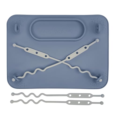 Busy Baby Silicone Placemat - Built-in Suction Cups - 4 Toy Tethers for Babies Toddlers and Kids - Food Grade Silicone - 8.5 x 11 in - Comes with Travel Sleeve - Dishwasher Safe - Pewter