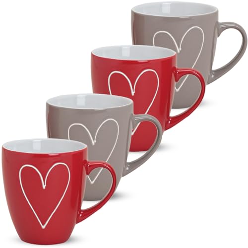 Juego de 4 tazas XXL con diseño de corazón en rojo y gris, grande...