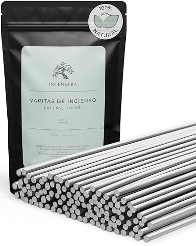 Incensera Incienso Natural Sin Tóxicos – 100 Varillas de Salvia Blanca, Limpieza energética, Meditación, Yoga – Salvia Blanca para Quemar Pack de Aromaterapia Relajante