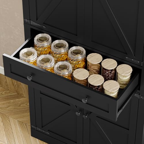 Image of BORNOON Pantry Organizers and Storage Cabinet, 67.7 inch Barn Door White Kitchen Cabinet with Drawers and Adjustable Shelf, Tall Pantry for Kitchen, Dining Room, Living Room