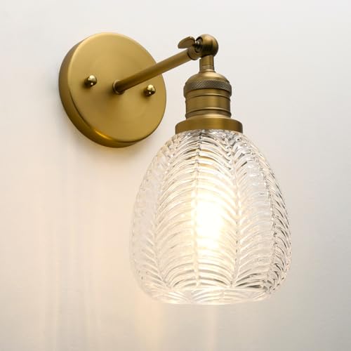 PERMO Vintage Wall Sconce with Ribbed Glass Shade Antique Sconces Farmhouse Wall Mount Light for Living Room Bathroom Bedroom