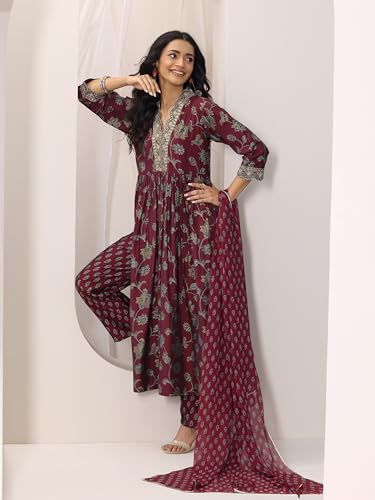 Image of Libas Womens Printed Silk Blend Straight Kurta With Trousers and Dupatta | daily wear suit