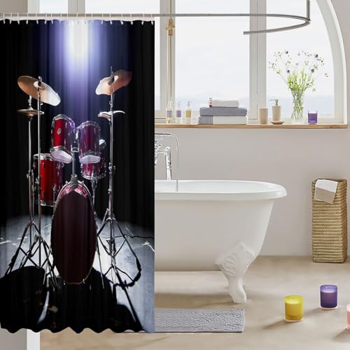 Image of Drum Kit Shower Curtain for Girls Boys Children Rock Music Themed Bathroom Shower Curtain Set Decorative Musical Pattern Drum Set Bath Curtain Popstar Party Waterproof Bathroom Curtains 72x78 Inch