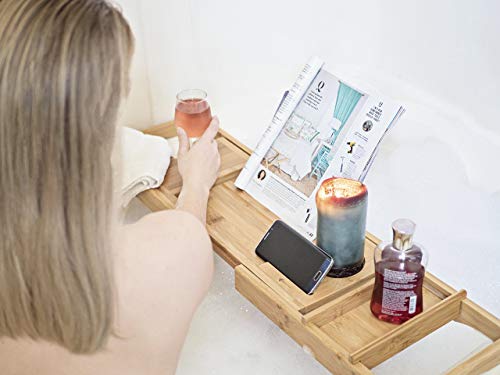 Moderntropic Home And Spa Bamboo Bathtub Caddy And Tray Expandable Non-Slip Wooden Bath Tray Securely Holds Drinks, Book/Tablet, Accessories, Phone #TOP2