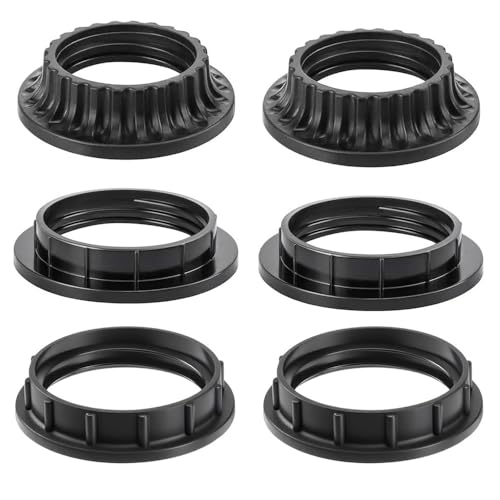 6PCS E26 Light Socket Shade Rings Collar Rings 3 Assorted Size Lamp Shade Rings 34mm 37mm 39mm Inner Diameter Black Threaded Reducer 1-3/8 Inches and 1-1/2 Inch