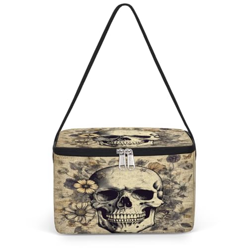 GzLeyigou Skull Lunch Bags for Women Men 9 Cans, Hot & Cold Food Delivery Bag Insulated Grocery Bag Insulated Lunch Box Skull with Rose Cooler Bag for Office Work Picnic Beach