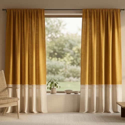 Image of Peepul Tree Cotton 7ft Door Curtain in Mustard & Off White | Top to Bottom Reversible Design| Woven Block Colours with Crochet Border | Semi Blackout 70% Light Blocking
