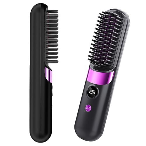 HRYYDS Go Brush Pro UK Cordless Hair Straightener Brush - Portable Rechargeable Ceramic Styling Brush with 6 Adjustable Heat Modes & LED Display, Perfect for Travel & Everyday Use （Black）
