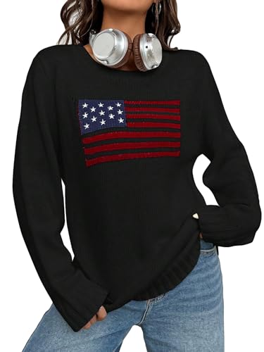 Image of SweatyRocks Women's Flag Pattern Long Sleeve Round Neck Sweater Casual Loose Pullover Sweater