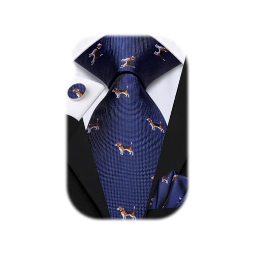 Hi-Tie Navy Blue Dog Ties for Men Silk Funny Necktie Pocket Square Cuff-links Sets Wedding Business Holiday